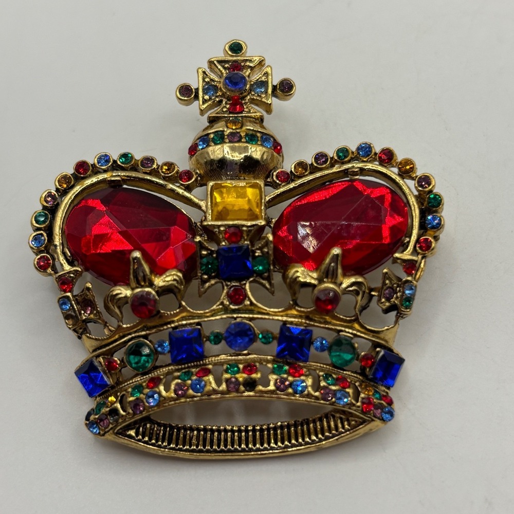 Rhinestone Crown Brooch Jewel and Gold Tones 2+ inches READ